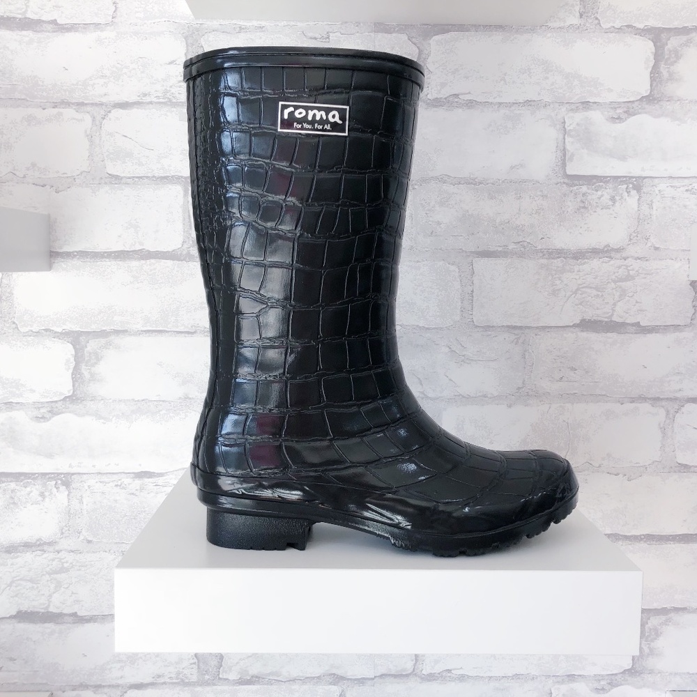 Roma Mid Calf Rain Boots Black Croc Size 6